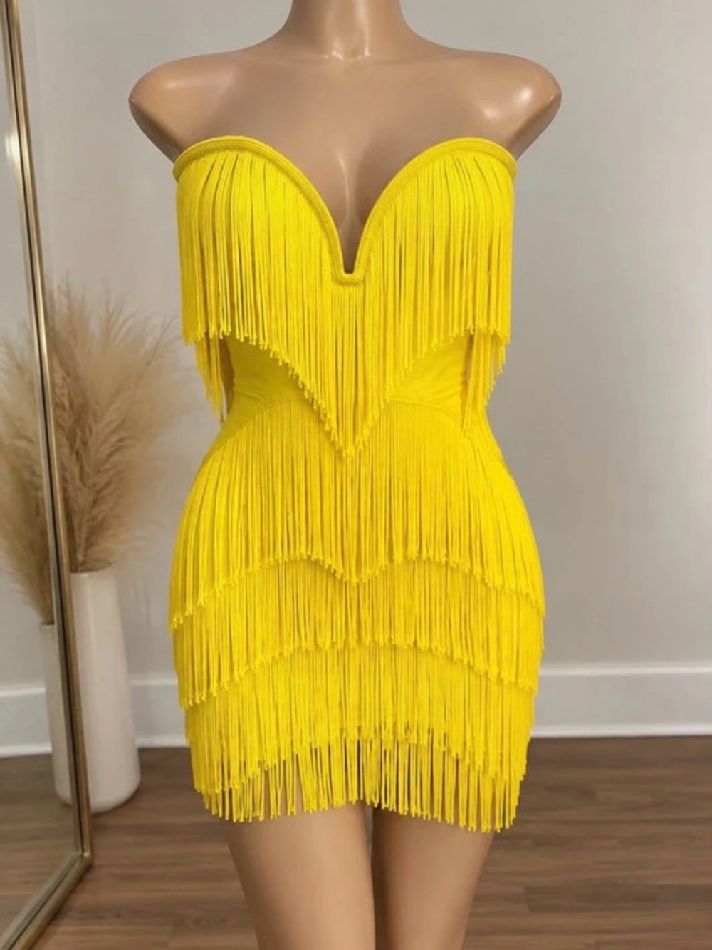 Vibrant Yellow Strapless Fringe Mini Dress